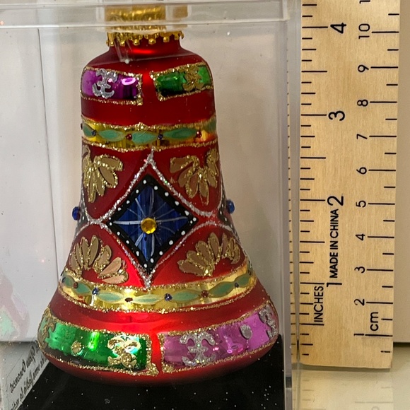 Glass CHRISTMAS ORNAMENT Red Bell Hand Decorated Ornate Large 4”Danson - Picture 9 of 9